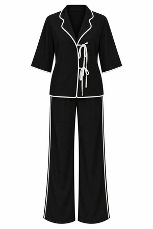 Siyah - Natural Biye Detaylı Bluz Pantolon Takım - 2y9001