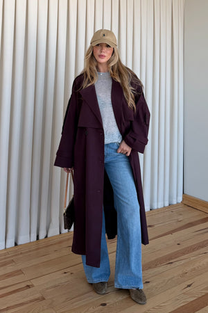 Mürdüm Lucky Düğme Detaylı Oversize Trençkot | LALUVIA