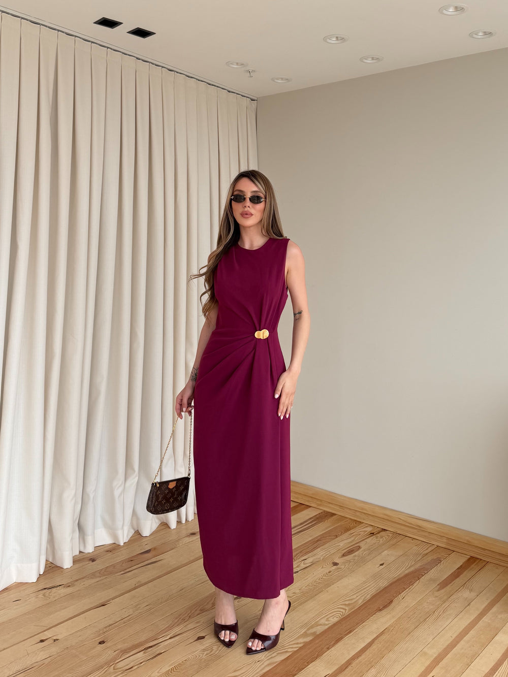 Bordo Gold Tokalı Uzun Elbise - 8191