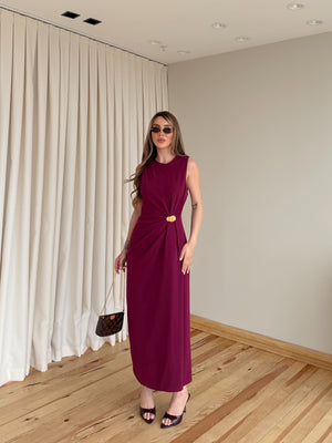 Bordo Gold Tokalı Uzun Elbise - 8191