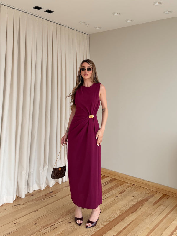 Bordo Gold Tokalı Uzun Elbise - 8191