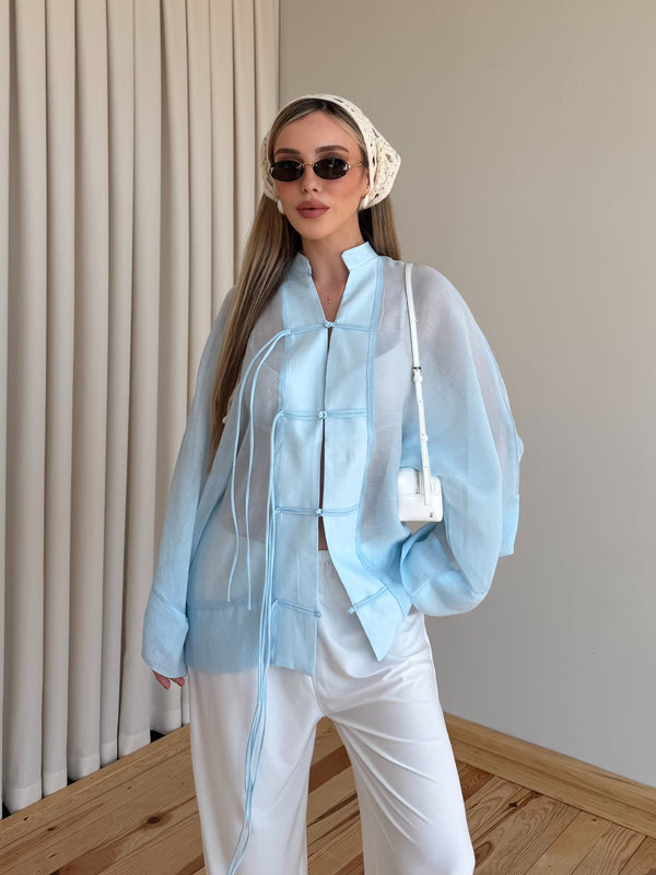 Açık Mavi İp Bağcıklı Transparan Kimono - 5098
