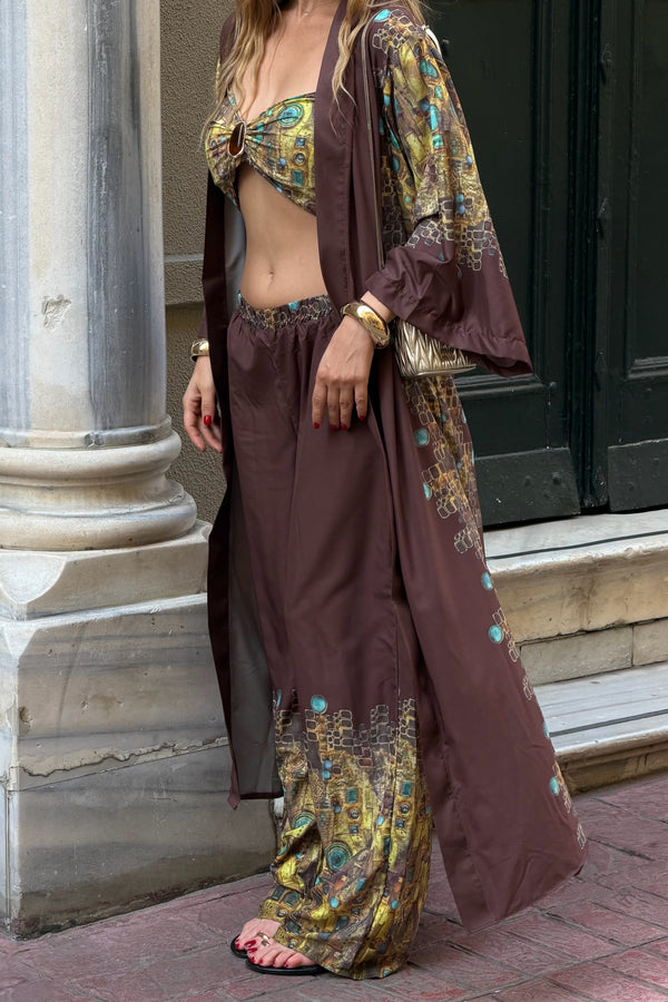 Kahverengi Tasarım Büstiyer Kimono Üçlü Takım - 8606