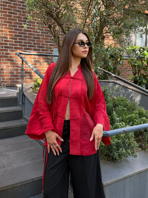 Kırmızı İp Bağcıklı Transparan Kimono - 5098