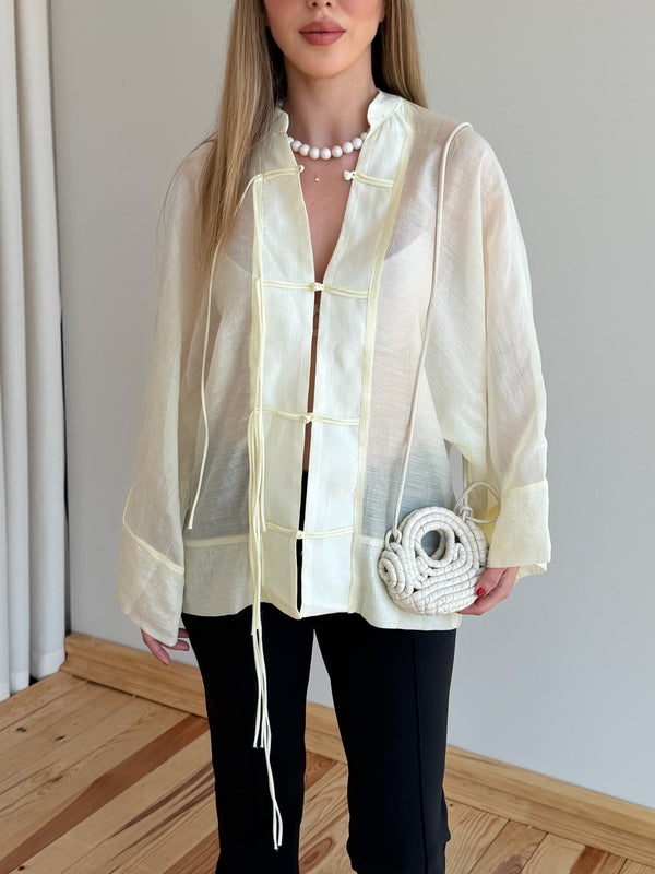 Tereyağ Sarısı İp Bağcıklı Transparan Kimono - 5098