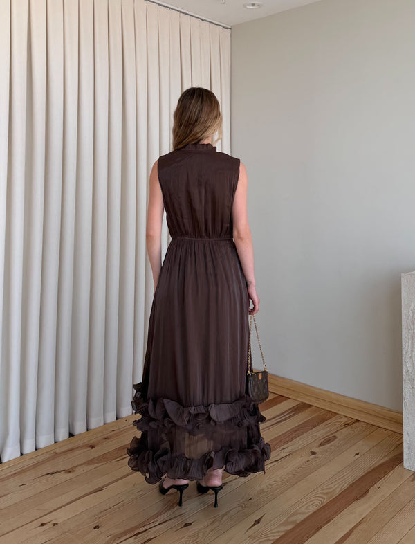Kahverengi Uzun Eteği Fırfırlı Elbise - 39908