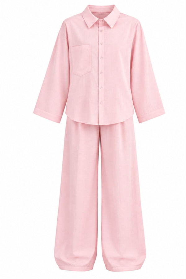 Pembe Çıtçıtlı Modal Gömlek Kemerli Şalvar Pantolon Takım - 2y8396