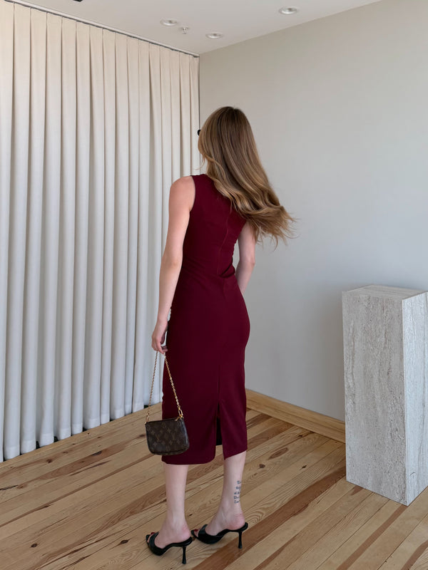 Bordo Drapeli Midi Elbise - 0506