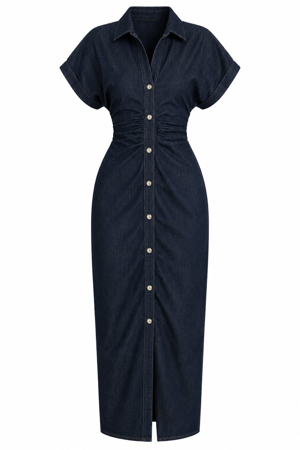 Lacivert Drapeli Çok Düğmeli Denim Elbise - 2y8198