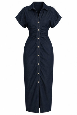 Lacivert Drapeli Çok Düğmeli Denim Elbise - 2y8198