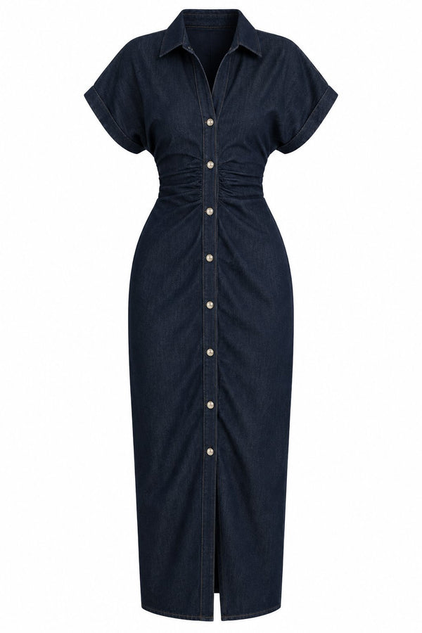 Lacivert Drapeli Çok Düğmeli Denim Elbise - 2y8198