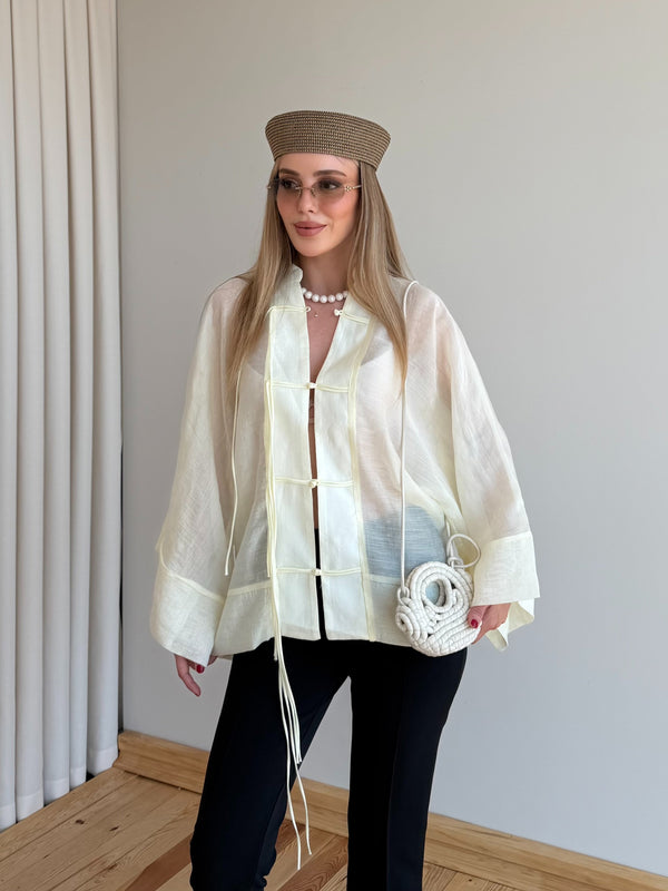 Tereyağ Sarısı İp Bağcıklı Transparan Kimono - 5098