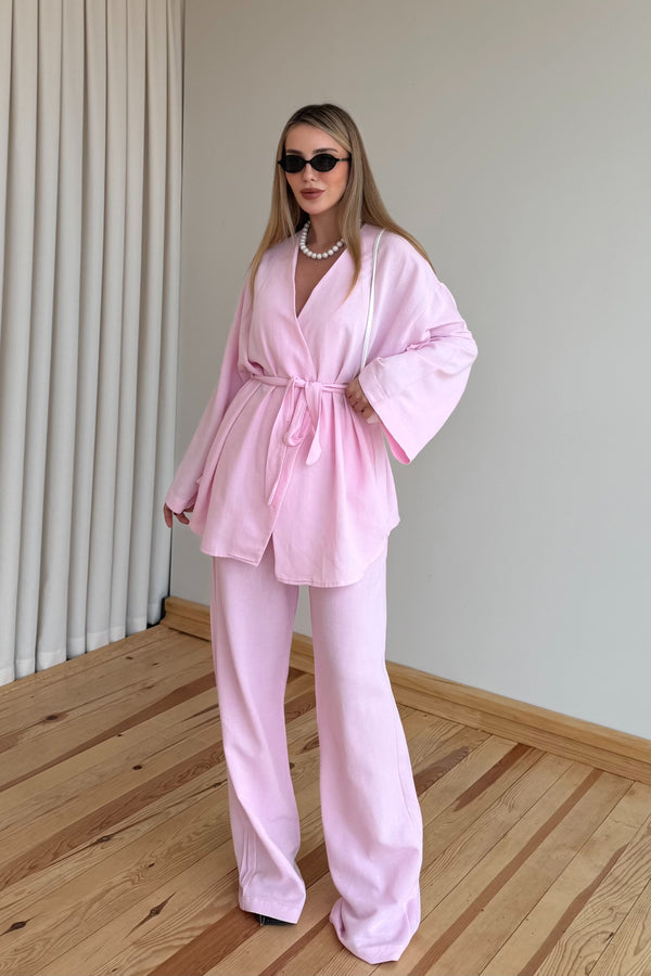 Pembe Vero Pamuklu Kemerli İkili Takım - 1300