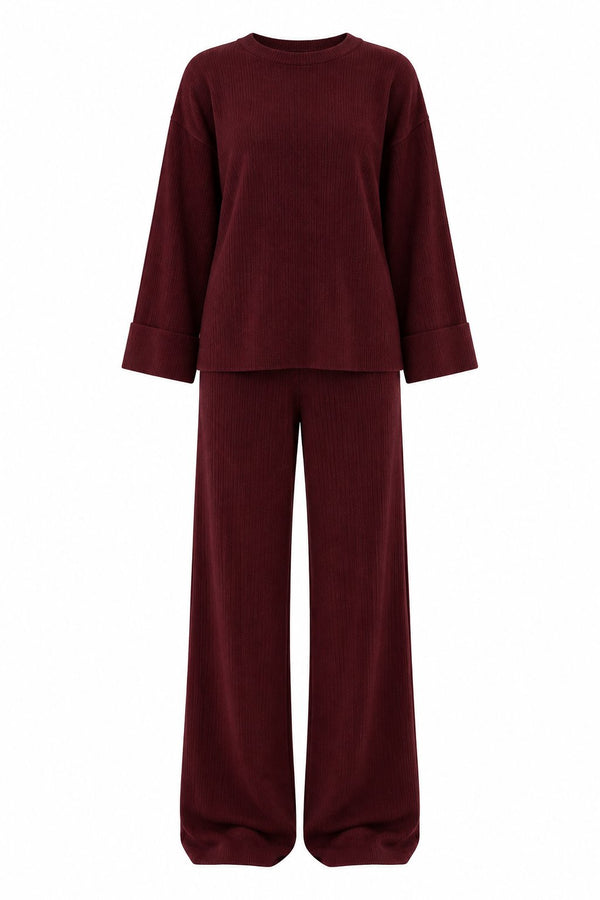 Bordo Selanik Örme 2'li Triko Takım - 2y4587