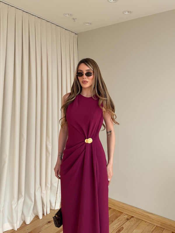 Bordo Gold Tokalı Uzun Elbise - 8191