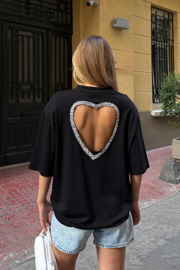 Siyah Sırtı Taşlı Kalp Dekolteli Vatkalı T-shirt - 4122