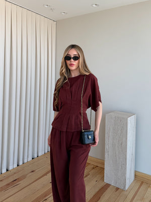 Bordo Yarasa Kol Belden Oturtma Bluz Salaş Pantolon Takım - 650008