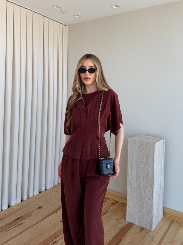 Bordo Yarasa Kol Belden Oturtma Bluz Salaş Pantolon Takım - 650008