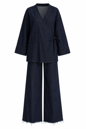 Lacivert Kruvaze Yaka Kimono Pantolon Takım - 2y8629