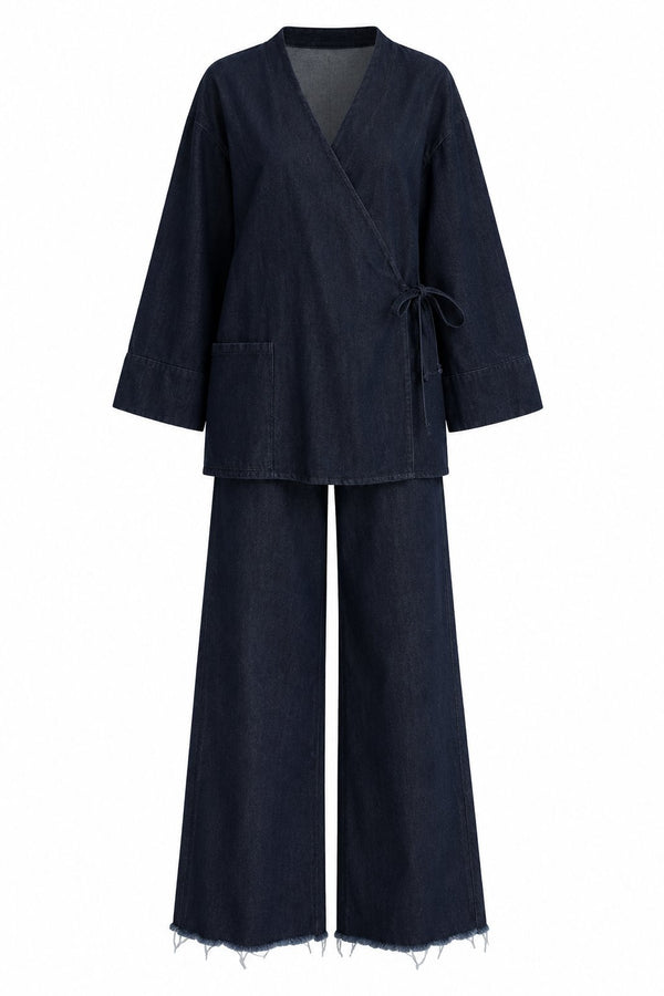 Lacivert Kruvaze Yaka Kimono Pantolon Takım - 2y8629