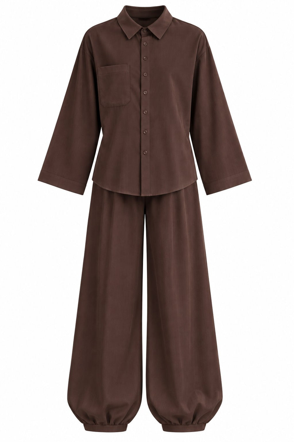 Kahverengi Çıtçıtlı Modal Gömlek Kemerli Şalvar Pantolon Takım - 2y8396