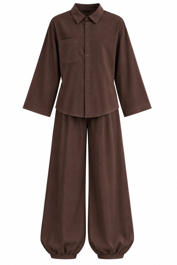 Kahverengi Çıtçıtlı Modal Gömlek Kemerli Şalvar Pantolon Takım - 2y8396