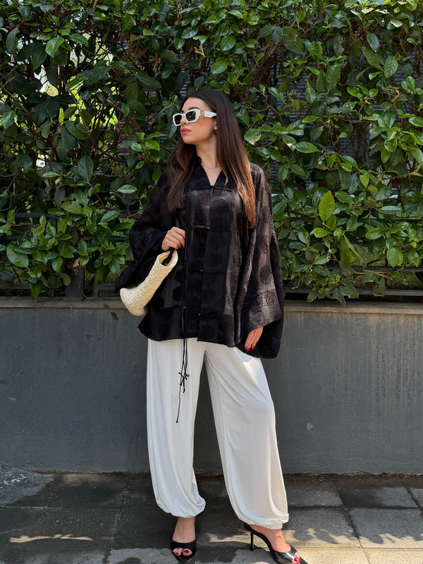 Siyah Frog Kapama Nakışlı Kimono - 5096