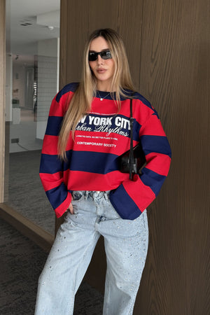 Kırmızı Lacivert New York Baskılı Sweatshirt - 1132