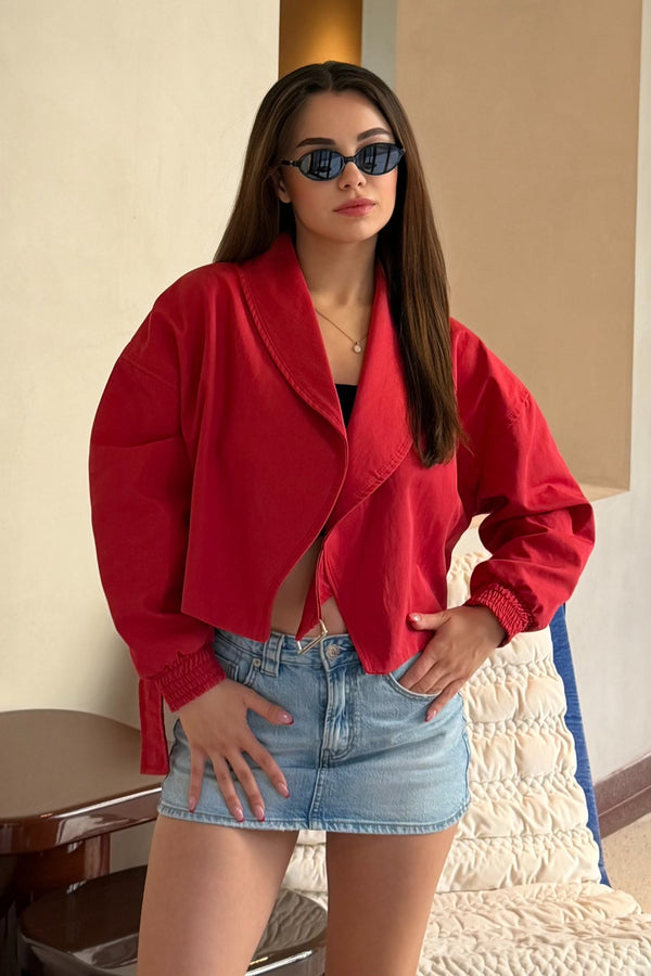 Kırmızı Şal Yaka Kemerli Crop Ceket - 4177