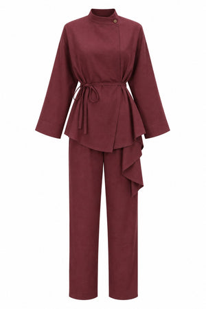 Kiremit Volanlı İnce Kemerli Kimono Takım - 8739