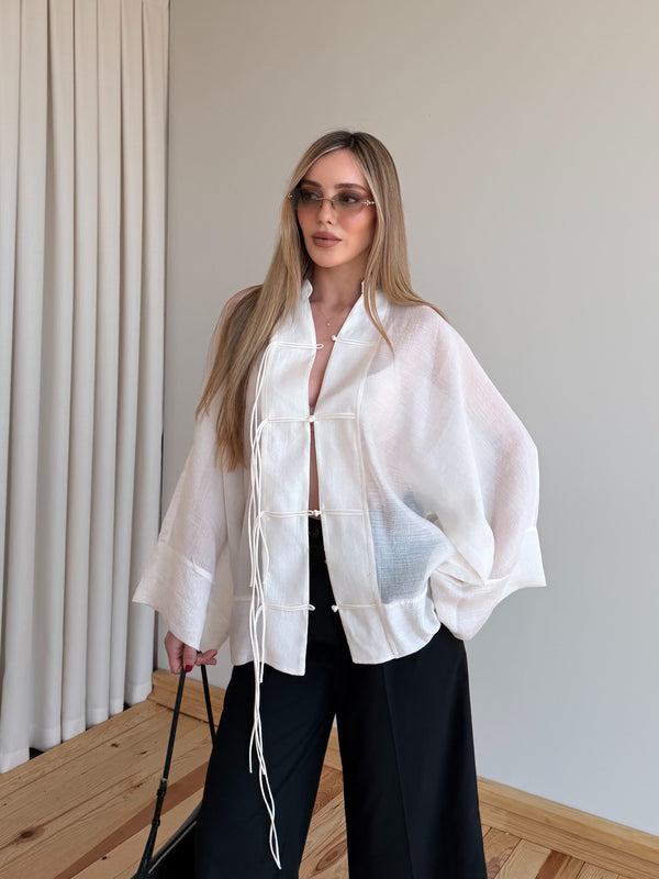 Kırık Beyaz İp Bağcıklı Transparan Kimono - 5098