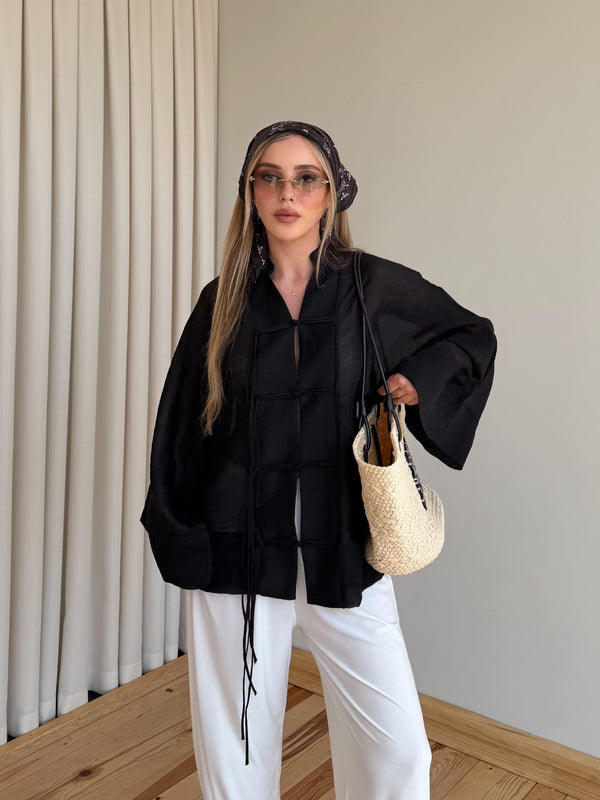 Siyah İp Bağcıklı Transparan Kimono - 5098
