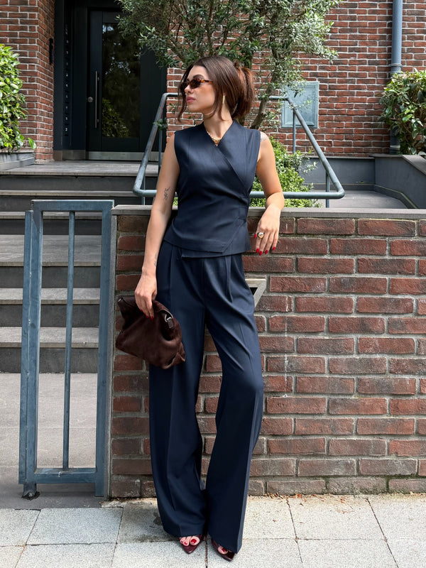 Lacivert Donna Kruvaze Yelek Pantolon Takım - 8496