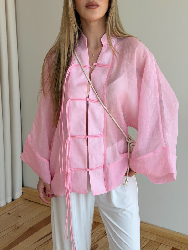 Pembe İp Bağcıklı Transparan Kimono - 5098