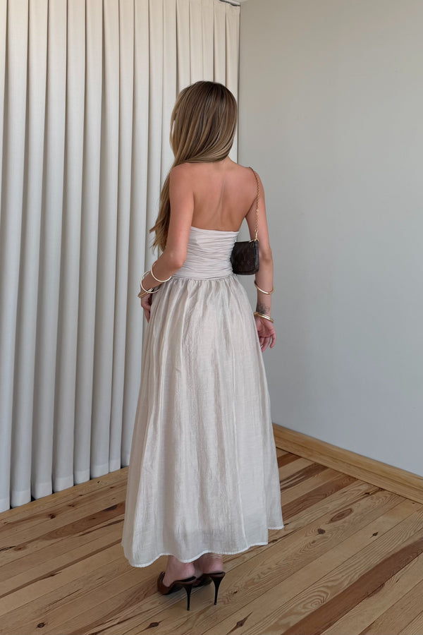 Bej Kontrast Straplez Elbise - 0106