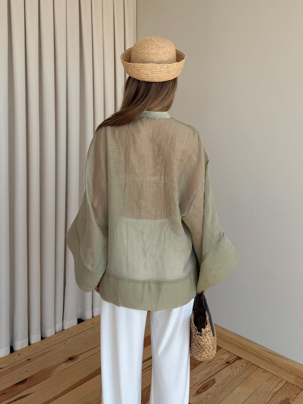 Adaçayı İp Bağcıklı Transparan Kimono - 5098