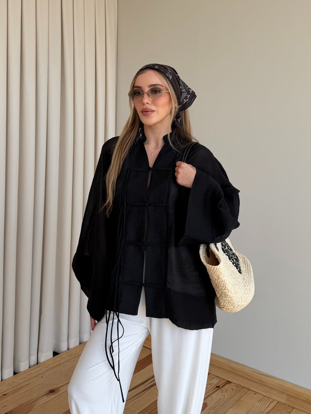 Siyah İp Bağcıklı Transparan Kimono - 5098