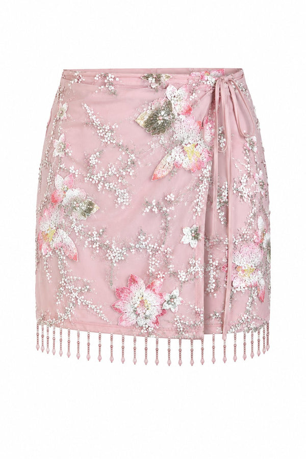 Pembe Çiçek Payet İşlemeli İpli Yan Bağlamalı Etek - E4231