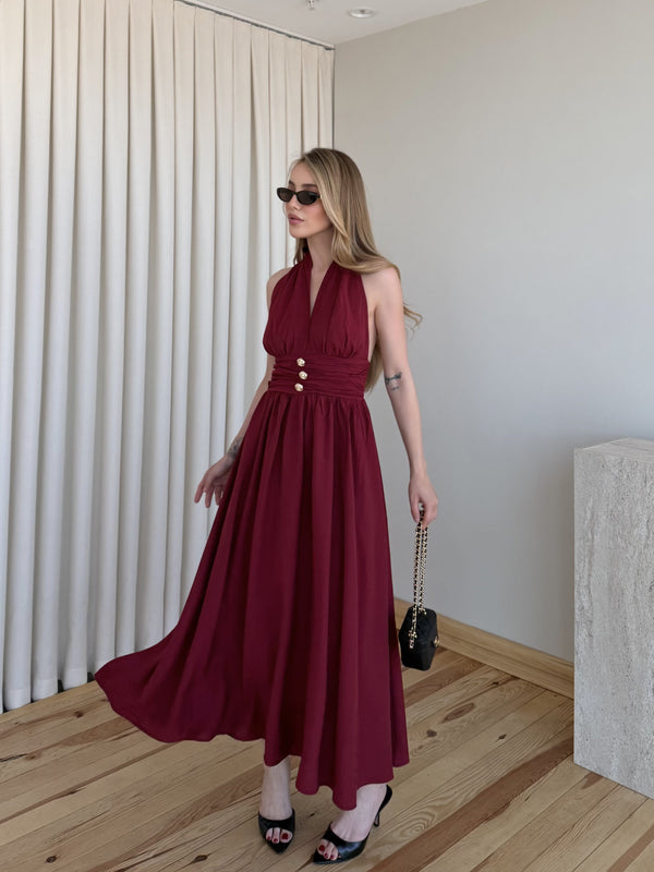 Bordo Boyundan Bağlı Gold Aksesuar Detaylı Elbise - 205369