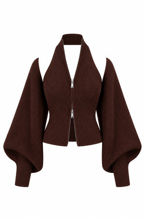 Kahverengi Fermuarlı Bolero Detaylı İkili Triko Takım - 10202