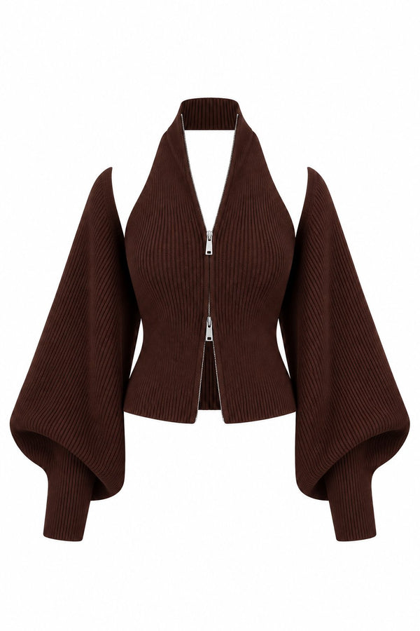 Kahverengi Fermuarlı Bolero Detaylı İkili Triko Takım - 10202