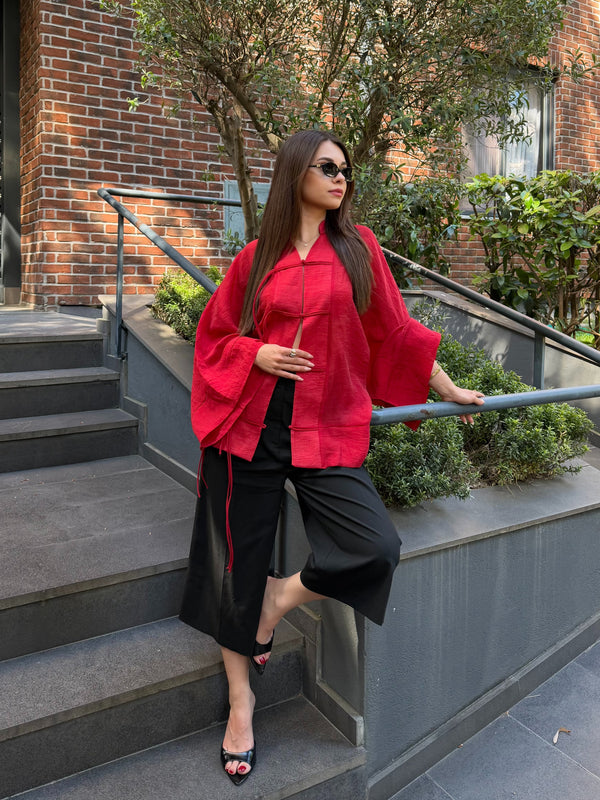 Kırmızı İp Bağcıklı Transparan Kimono - 5098