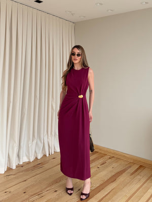 Bordo Gold Tokalı Uzun Elbise - 8191