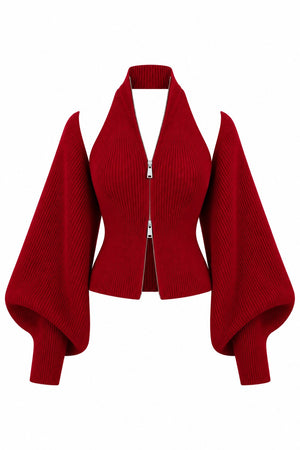 Kırmızı Fermuarlı Bolero Detaylı İkili Triko Takım - 10202