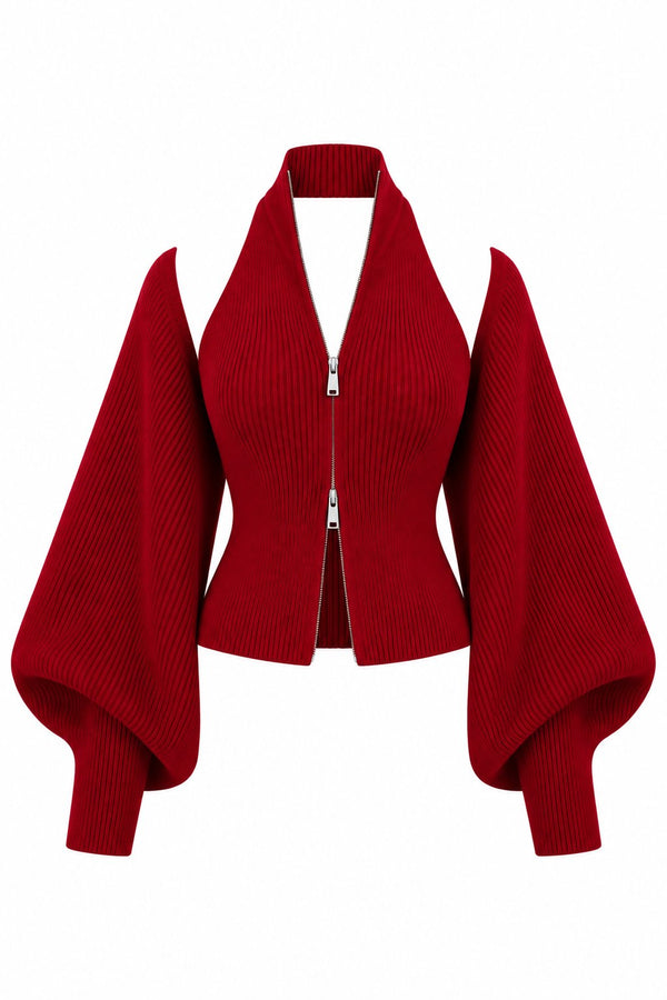 Kırmızı Fermuarlı Bolero Detaylı İkili Triko Takım - 10202
