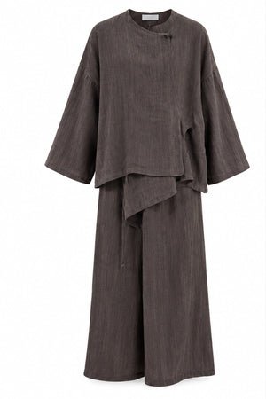 Kahverengi Asimetrik Kesim Bluz Pantolon Takım - 2y51322