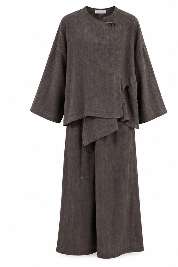 Kahverengi Asimetrik Kesim Bluz Pantolon Takım - 2y51322