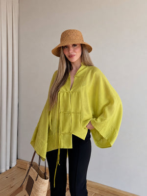 Yağ Yeşili İp Bağcıklı Transparan Kimono - 5098