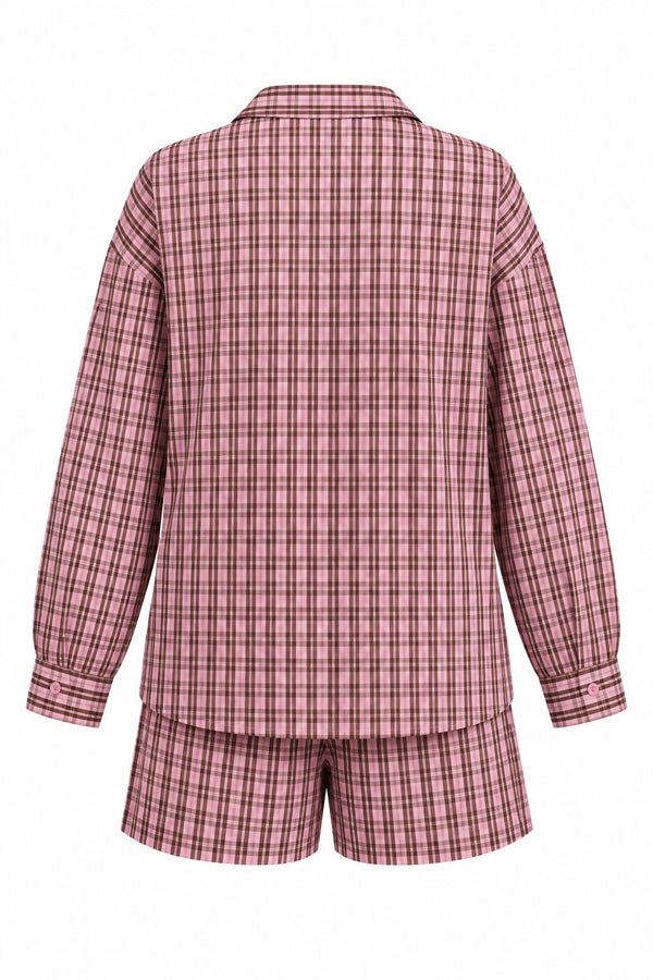Pembe Ekose Gömlek Şort Takım - 7363