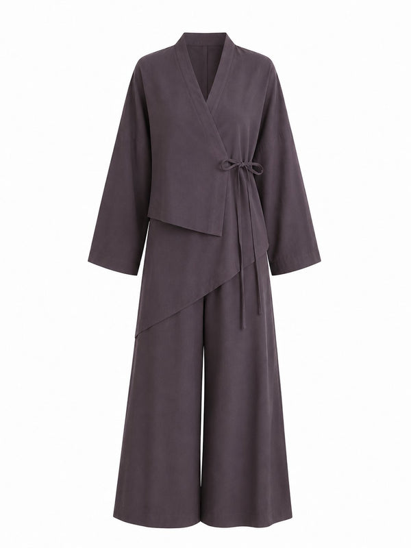 Kahverengi Bel Tasarım Detaylı Kimono Takım - TK8009